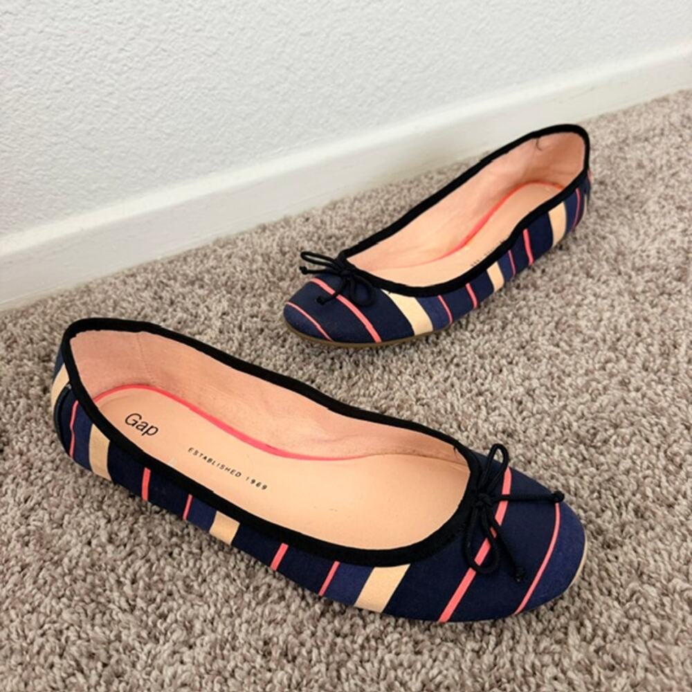 Gap Ballet Flats Women's 10 Printed Canvas Navy Blue w/Pink & Cream Stripes